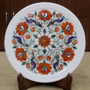 Decorative Plate In Marble With Lapis Semi Precious Floral Art Home Decor