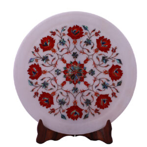 White Marble Red Inlay Art Plates For Handmade and Home Decor Collection